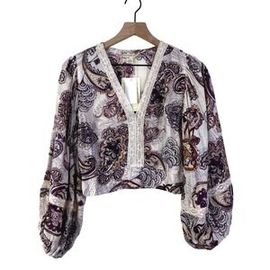 Band of The Free Cottagecore‎ Paisley Blouse Lace Trim Balloon Sleeve Cropped XS